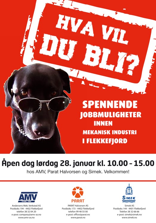 Spennende jobbmuligheter innen mekanisk industri i Flekkefjord. Åpen dag på lørdag 28. januar 2012 fra kl. 10.00 - 15.00 hos AMV, Parat Halvorsen og Simek. Vekommen skal dere være!